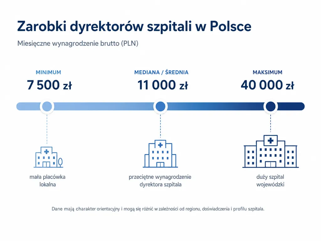 Infografika przedstawiająca rozpiętość wynagrodzeń dyrektora szpitala w Polsce od 7,5 tys. do 40 tys. zł brutto
