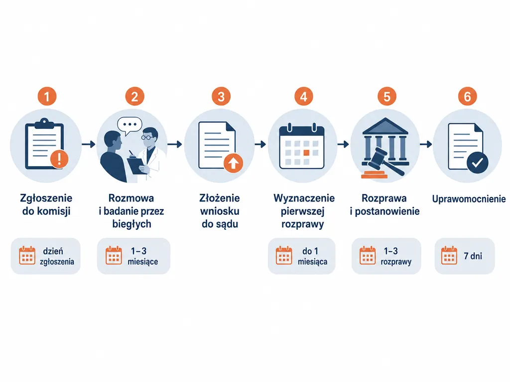 Diagram osi czasu procedury przymusowego leczenia alkoholika z etapami i orientacyjnym czasem trwania