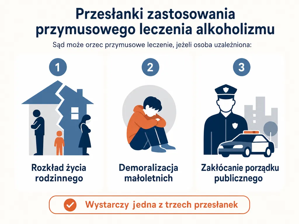 Infografika trzech ustawowych przesłanek skierowania na przymusowe leczenie odwykowe