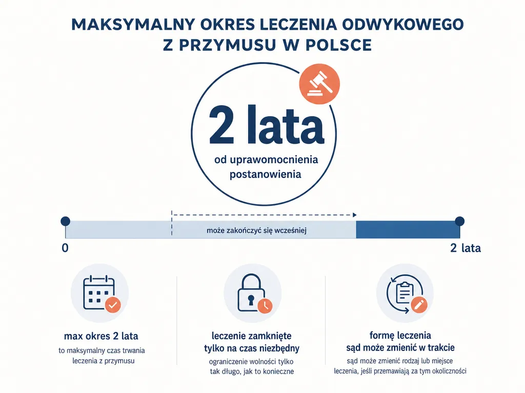 Infografika przedstawiająca maksymalny 2-letni czas trwania przymusowego leczenia odwykowego