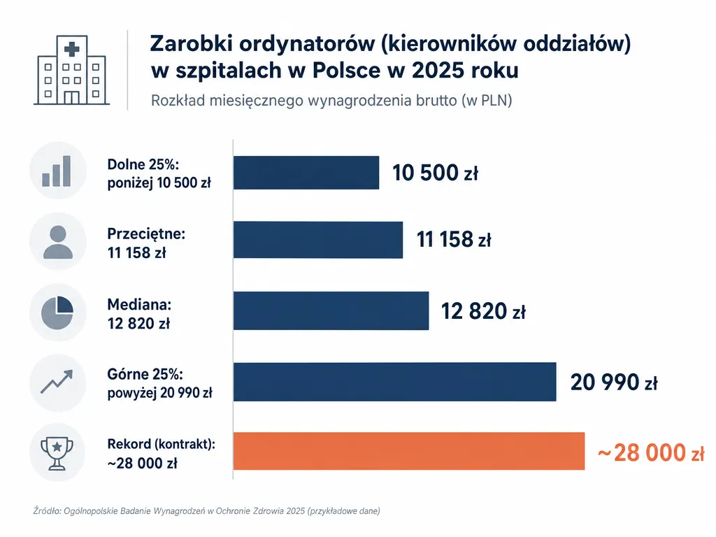 Infografika przedstawiająca rozkład zarobków ordynatora oddziału w Polsce w 2025 roku: od poniżej 10 500 zł do 28 000 zł brutto