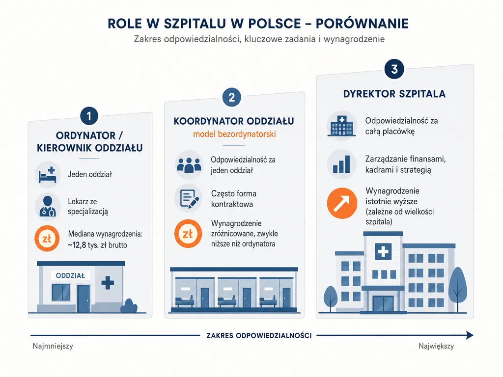 Infografika porównująca role ordynatora, koordynatora oddziału i dyrektora szpitala pod kątem zakresu odpowiedzialności i wynagrodzenia