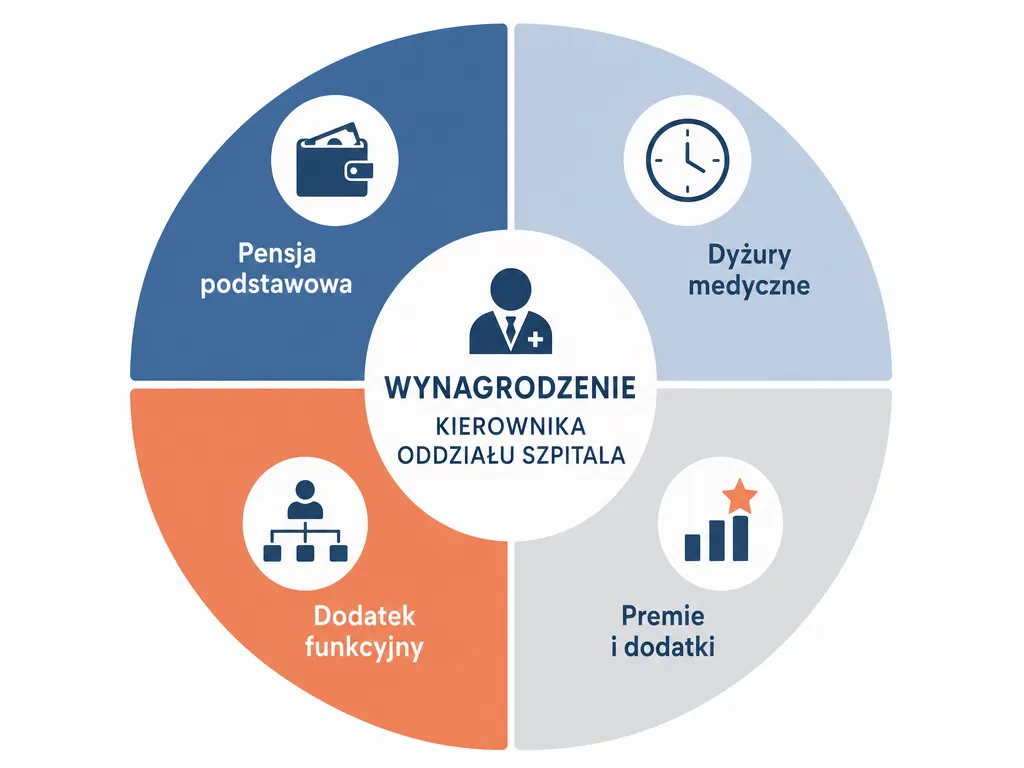 Diagram przedstawiający cztery składniki wynagrodzenia ordynatora: pensja podstawowa, dyżury medyczne, dodatek funkcyjny oraz premie