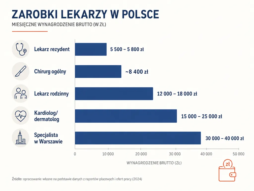 Wykres słupkowy porównujący miesięczne zarobki brutto lekarzy według specjalizacji w Polsce