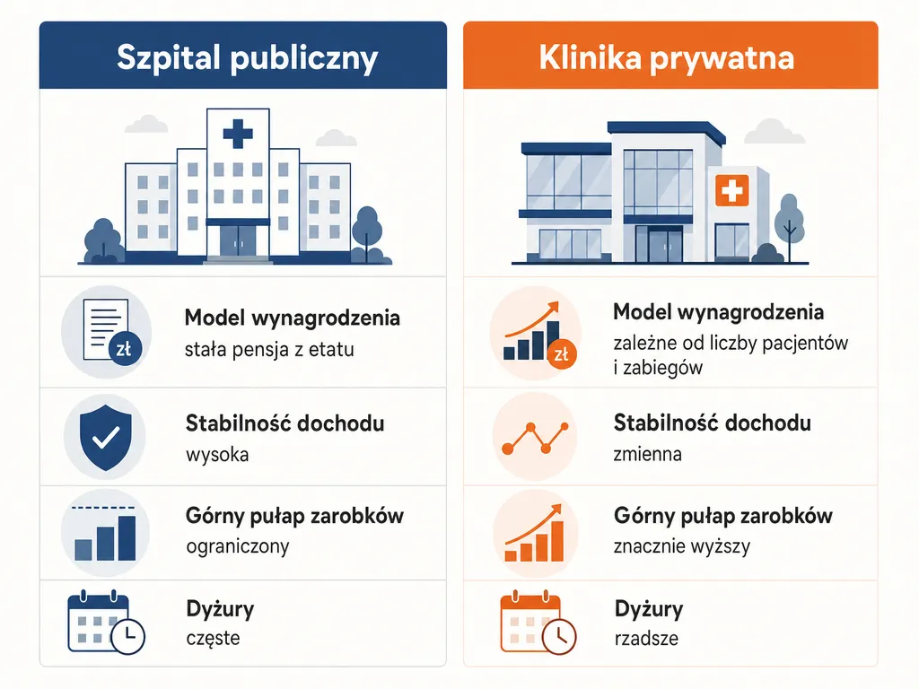 Infografika porównująca pracę lekarza w szpitalu publicznym i klinice prywatnej