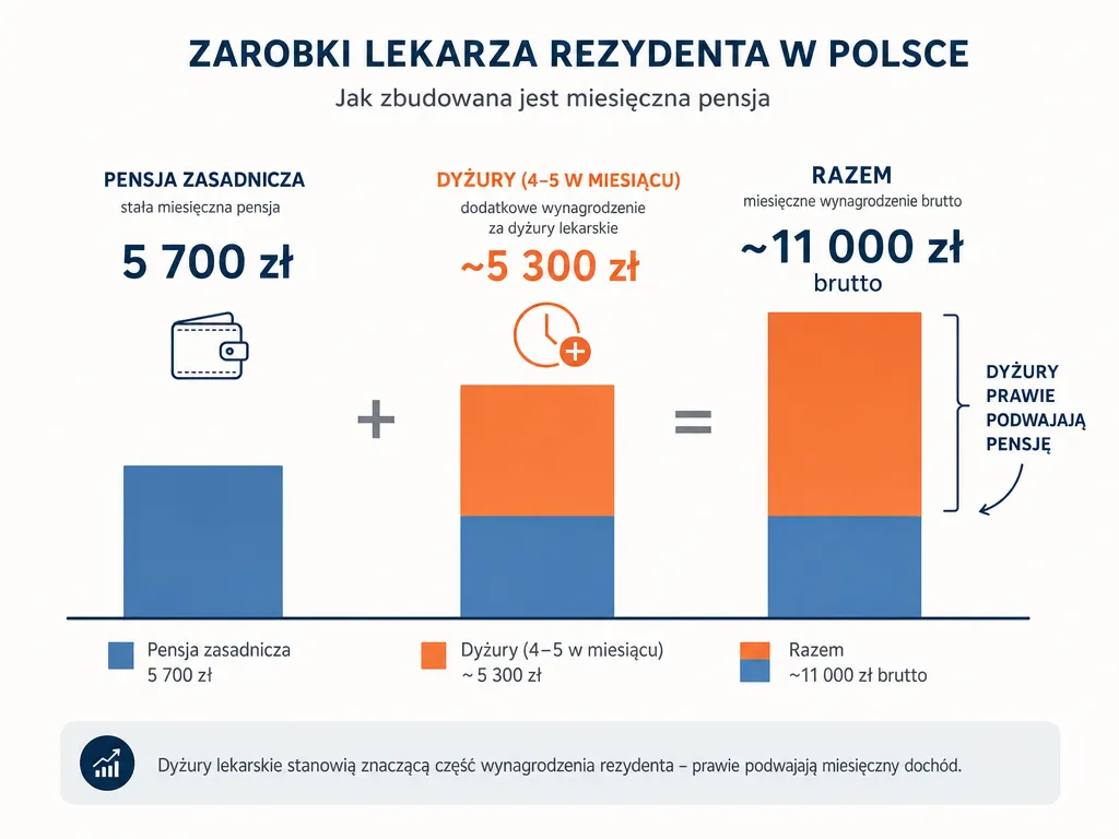 Infografika przedstawiająca strukturę miesięcznego dochodu rezydenta: pensja zasadnicza plus dyżury