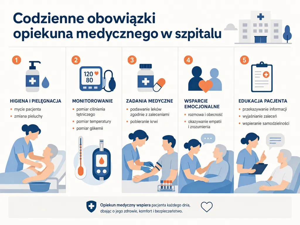 Infografika przedstawiajaca piec grup obowiazkow opiekuna medycznego w szpitalu: higiena, monitorowanie, czynnosci medyczne, wsparcie i edukacja