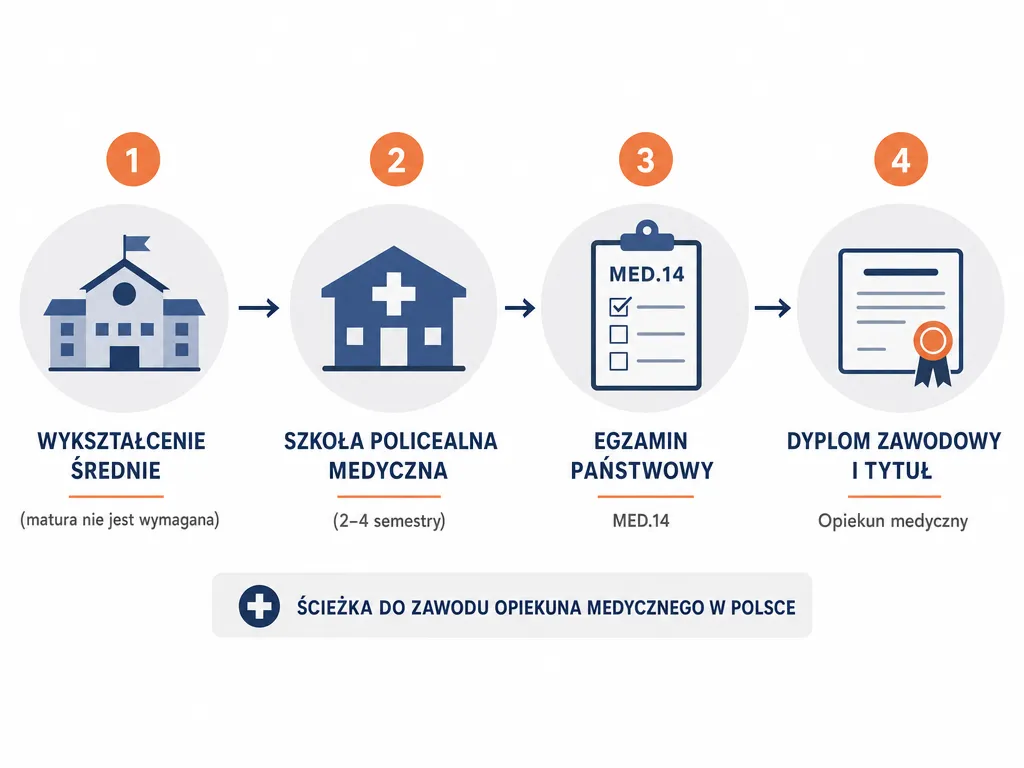 Diagram krokow prowadzacych do zawodu opiekuna medycznego: wyksztalcenie srednie, szkola policealna, egzamin MED.14, dyplom zawodowy