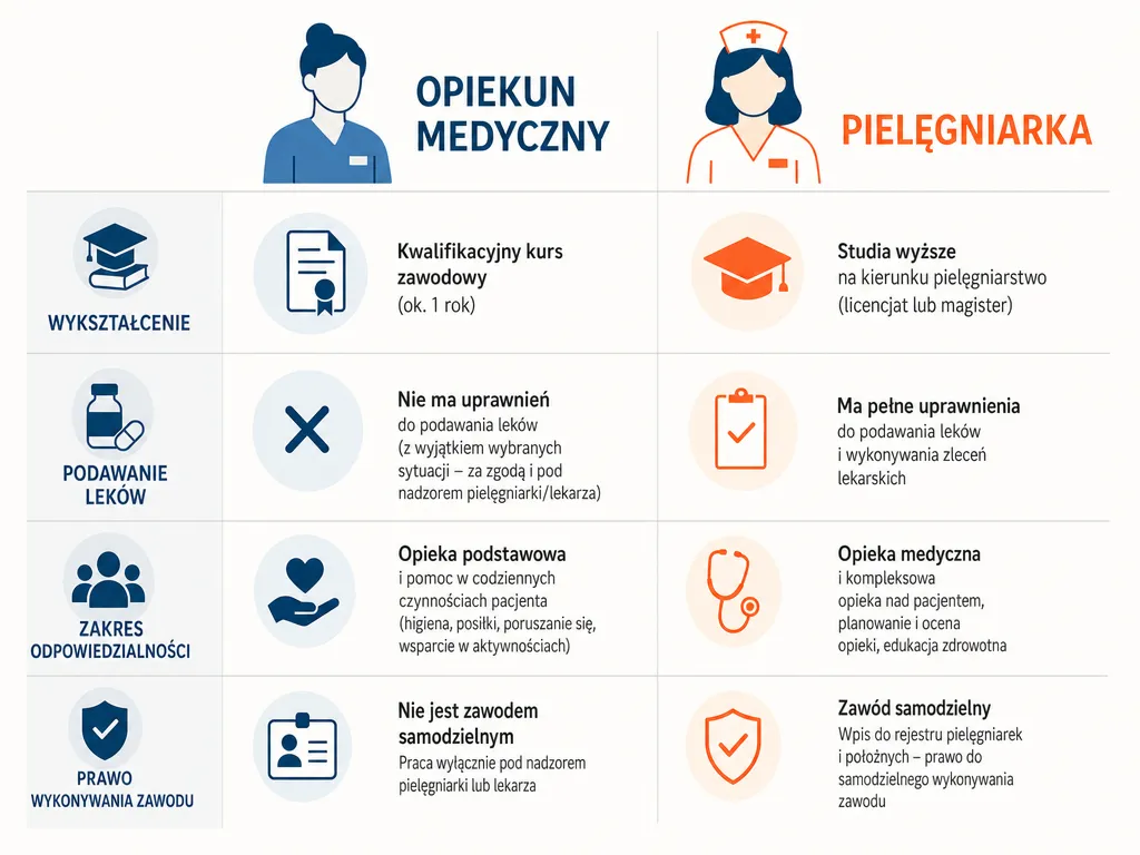 Infografika porownujaca opiekuna medycznego i pielegniarke pod katem wyksztalcenia, uprawnien do lekow, odpowiedzialnosci i prawa wykonywania zawodu