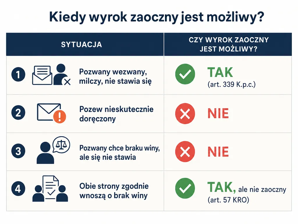 Infografika zestawiająca cztery sytuacje, w których wyrok zaoczny jest możliwy lub niemożliwy