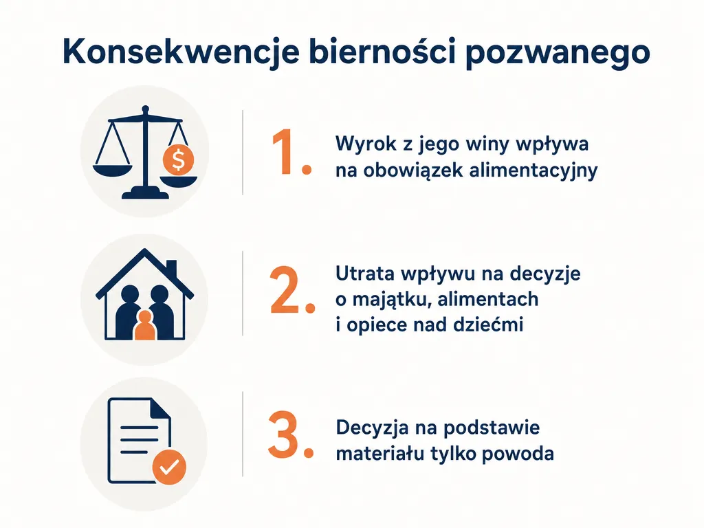 Infografika przedstawiająca konsekwencje bierności procesowej dla nieobecnego małżonka