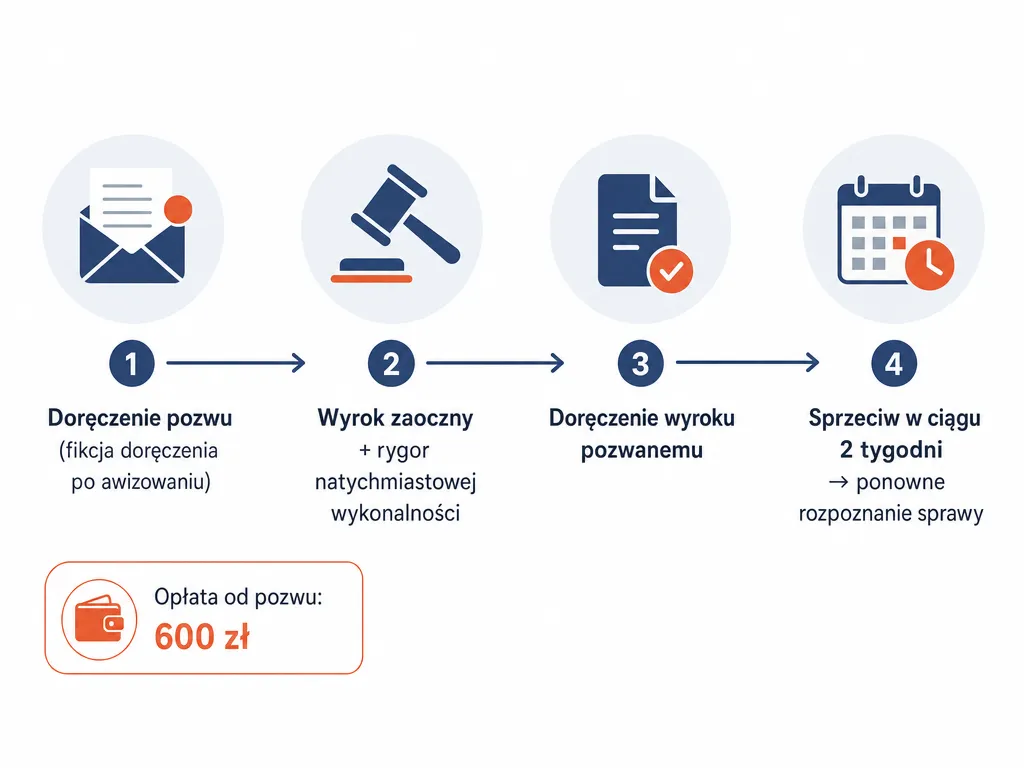 Diagram procesu od doręczenia pozwu przez wyrok zaoczny do sprzeciwu w terminie dwóch tygodni