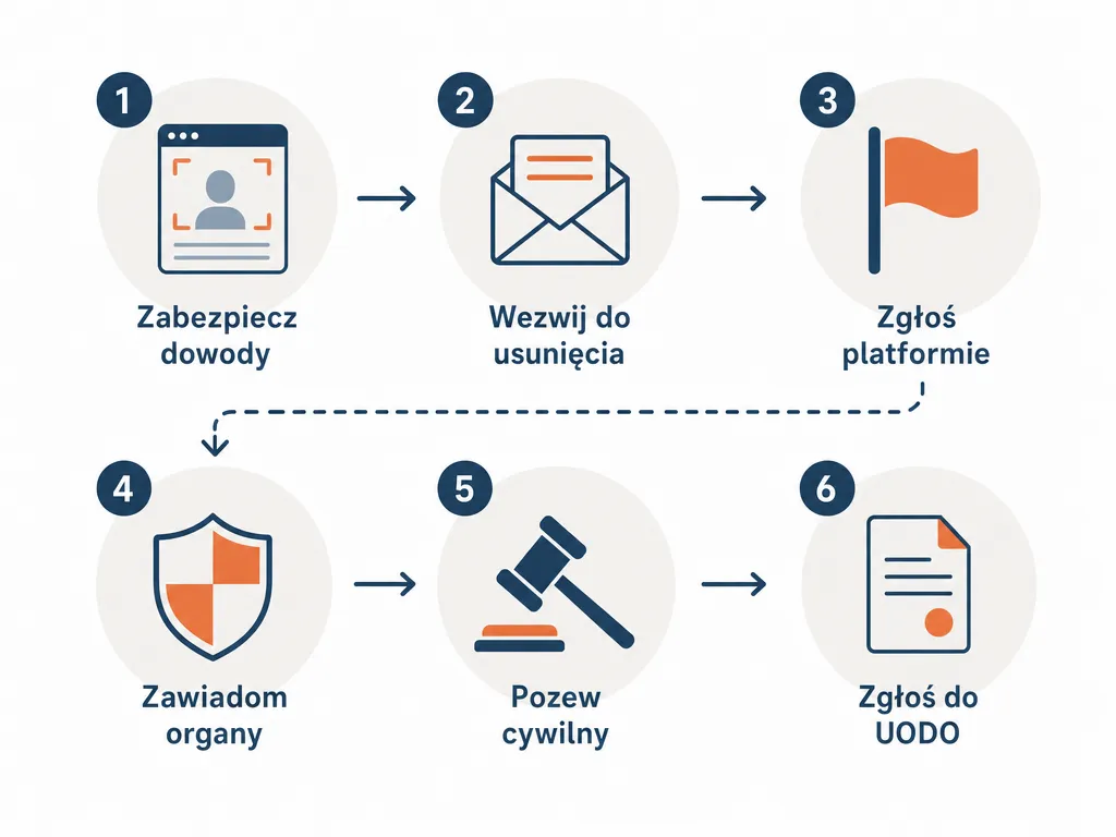 Flowchart sześciu kroków reakcji na publikację zdjęcia bez zgody