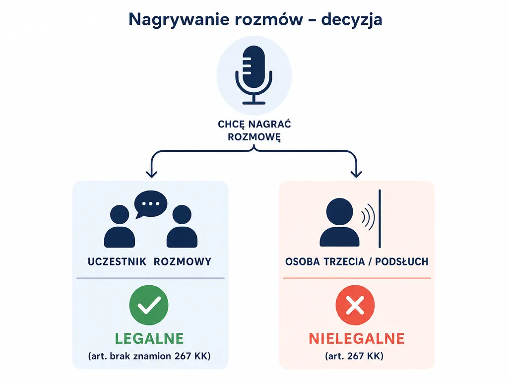 Diagram porównujący legalność nagrywania rozmowy przez uczestnika i przez osobę trzecią według art. 267 KK