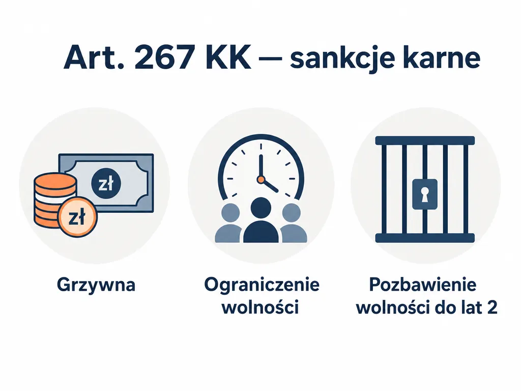Infografika przedstawiająca trzy sankcje karne z art. 267 KK: grzywna, ograniczenie wolności i pozbawienie wolności do lat 2