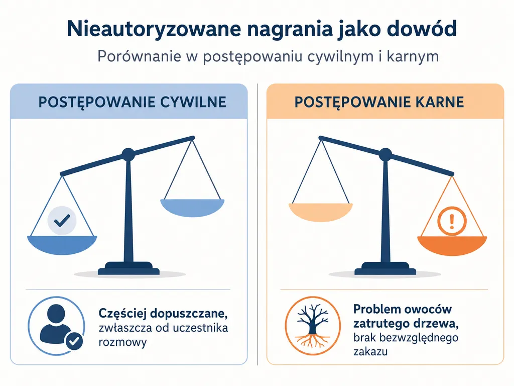 Infografika porównująca dopuszczalność nagrania bez zgody jako dowodu w postępowaniu cywilnym i karnym