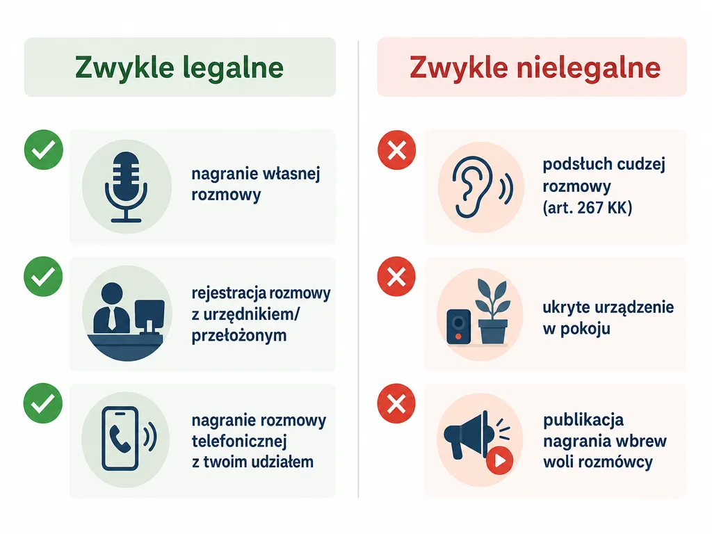 Wizualna checklista przypadków legalnego i nielegalnego nagrywania rozmów