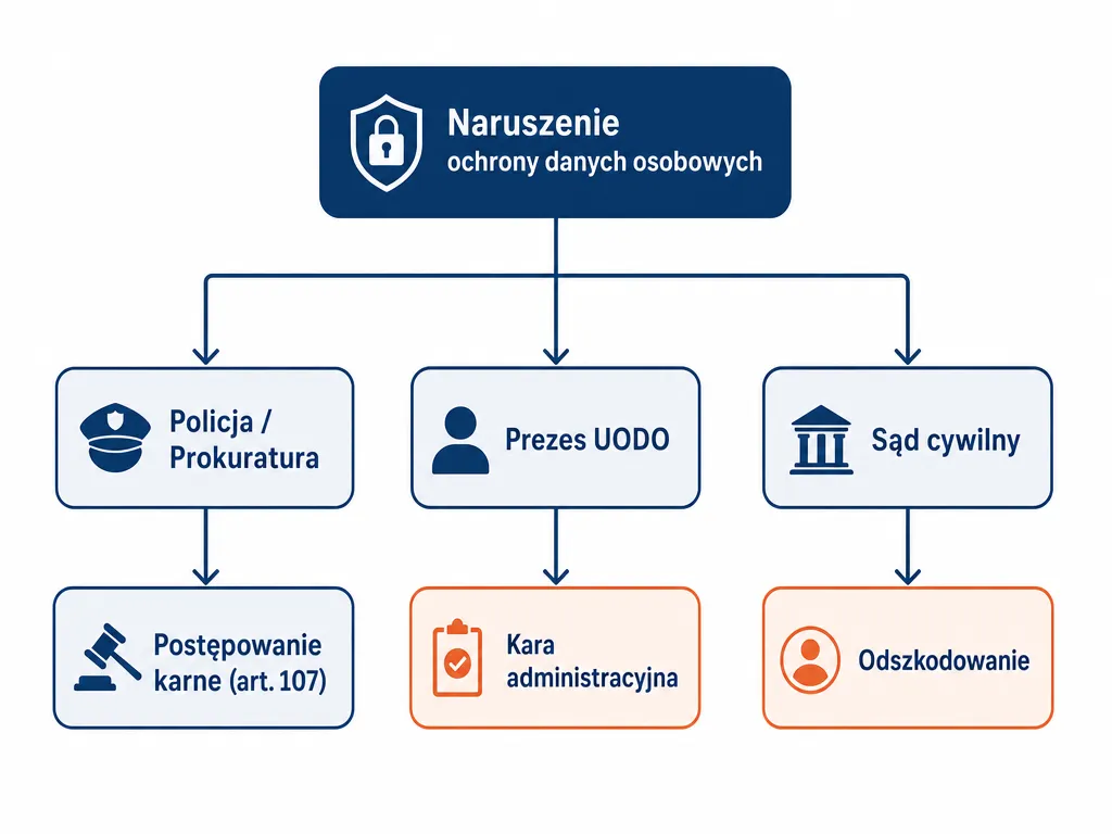 Diagram trzech ścieżek zgłoszenia naruszenia danych osobowych: policja/prokuratura, UODO i sąd cywilny
