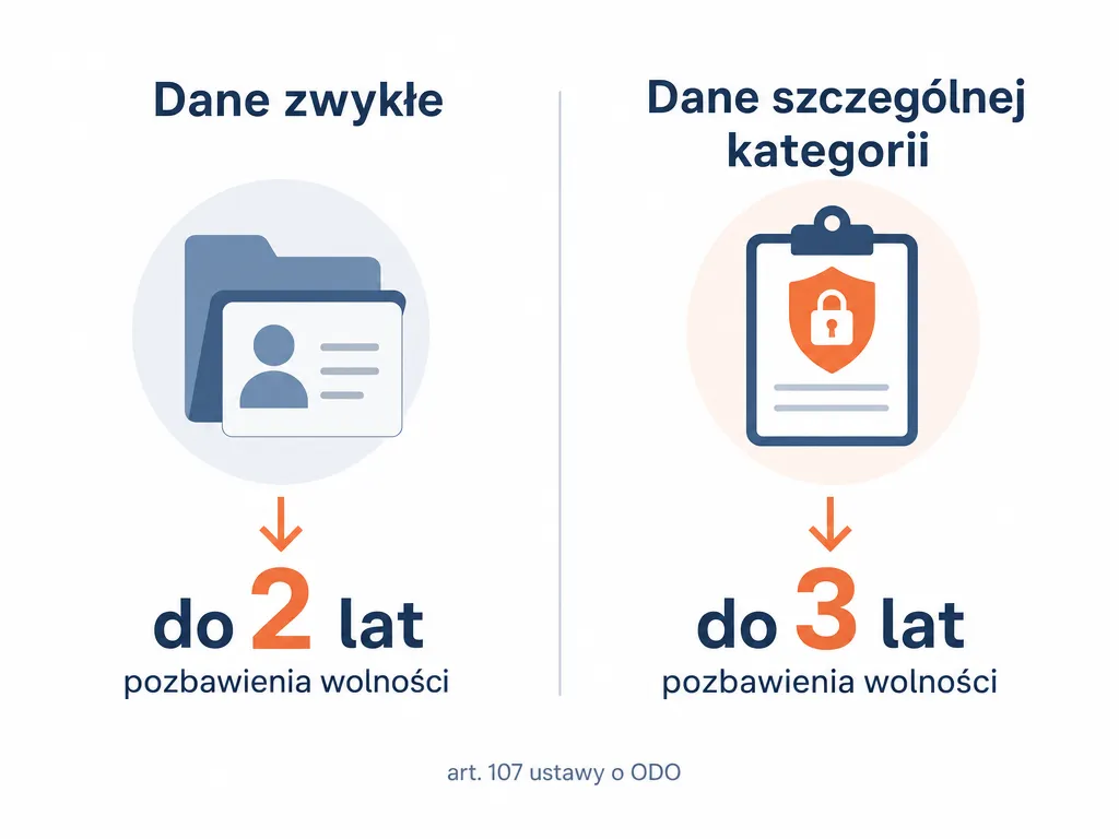 Infografika porównująca kary za naruszenie danych zwykłych (do 2 lat) i danych szczególnej kategorii (do 3 lat)