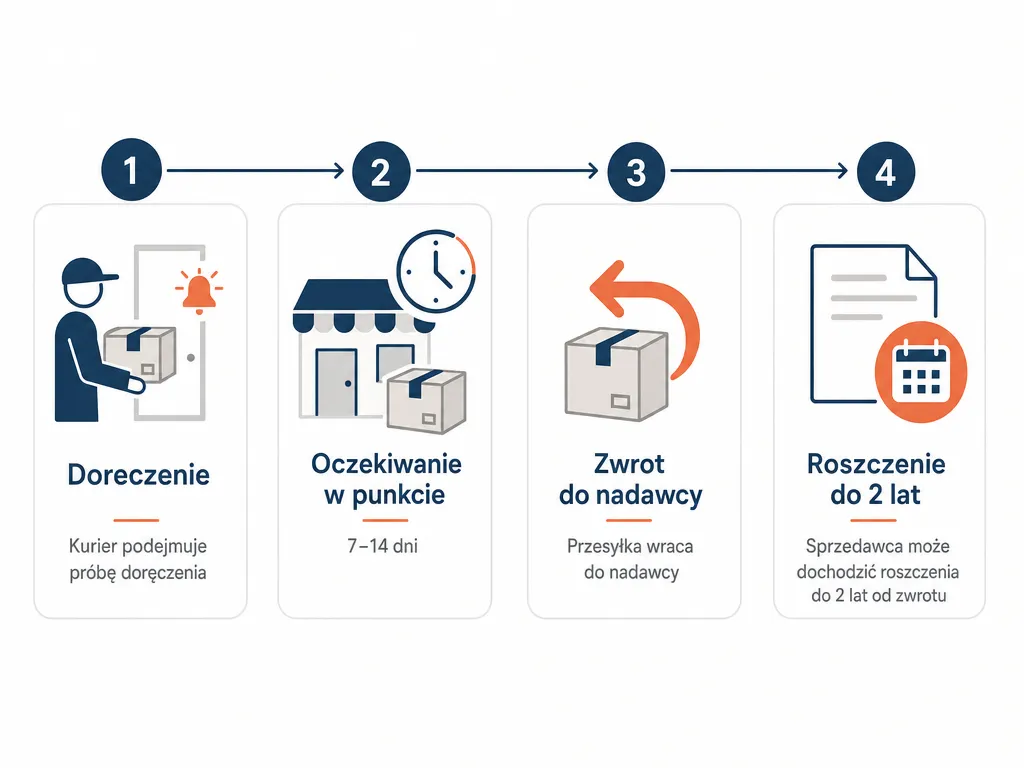 Diagram etapów nieodebranej paczki za pobraniem: doręczenie, oczekiwanie 7-14 dni, zwrot do nadawcy, roszczenie