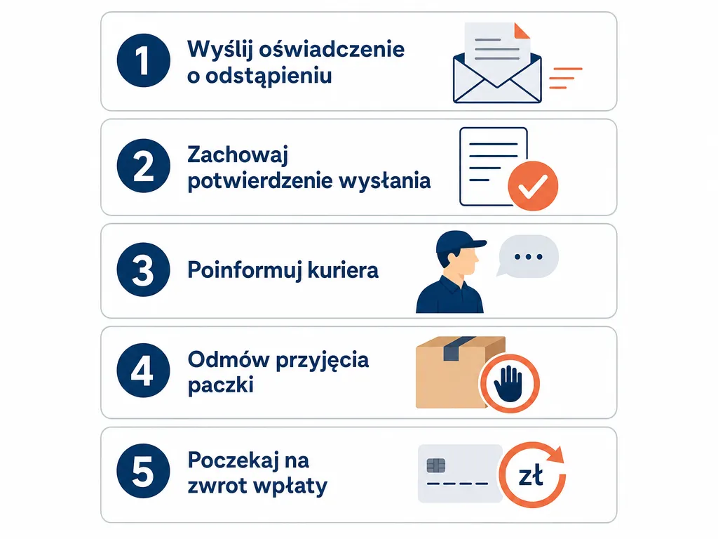 Wizualna lista 5 kroków poprawnej rezygnacji z zamówienia za pobraniem