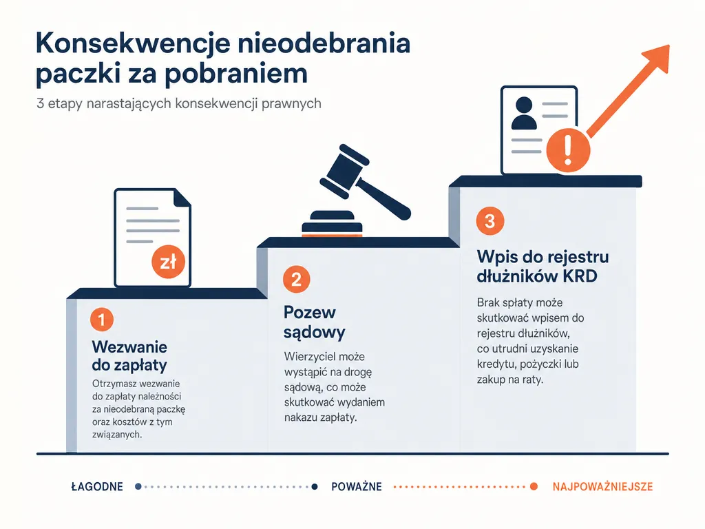 Infografika trzech etapów konsekwencji prawnych: wezwanie do zapłaty, pozew, wpis do KRD