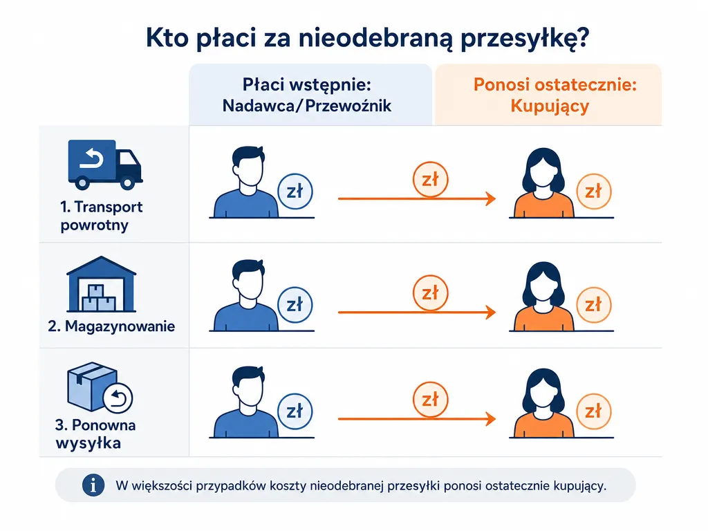 Infografika porównująca kto ponosi koszty nieodebranej paczki: transport, magazynowanie, ponowna wysyłka