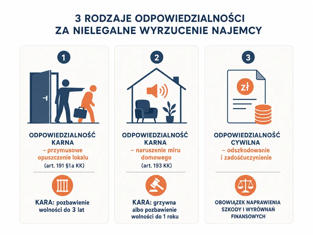 Infografika przedstawiająca trzy rodzaje odpowiedzialności prawnej za nielegalną eksmisję lokatora