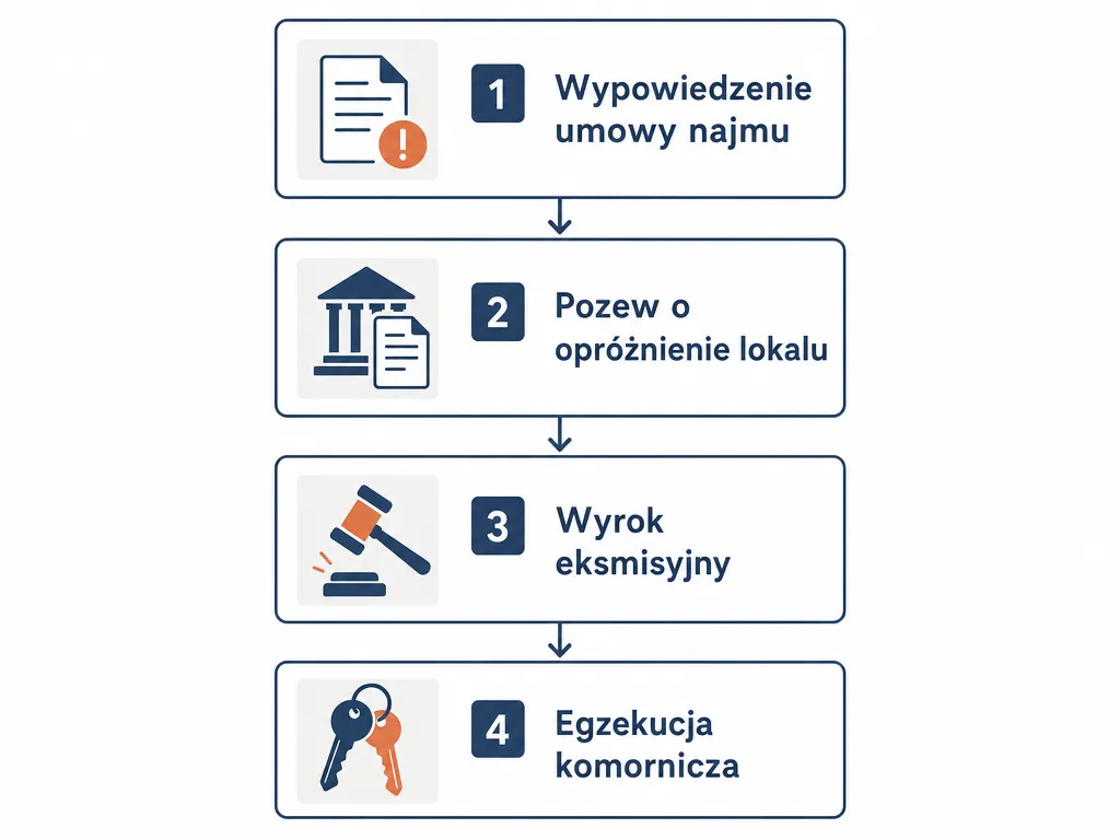 Diagram przedstawiający cztery etapy legalnej eksmisji lokatora krok po kroku