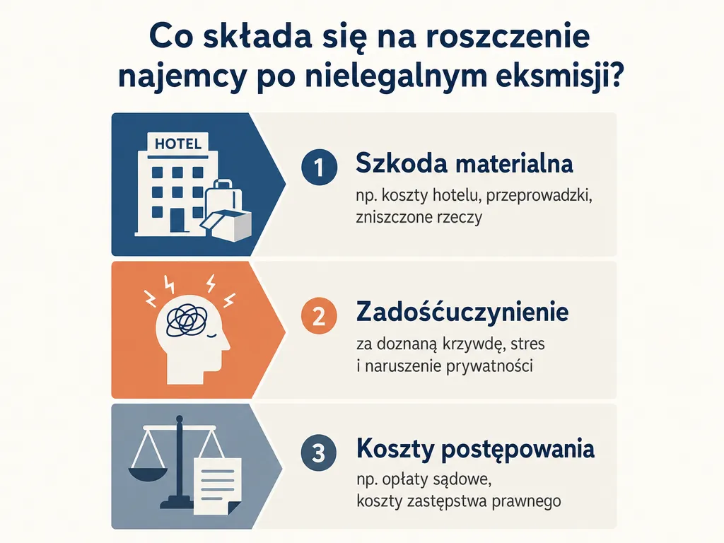 Infografika przedstawiająca składniki odszkodowania dla lokatora bezprawnie usuniętego z mieszkania