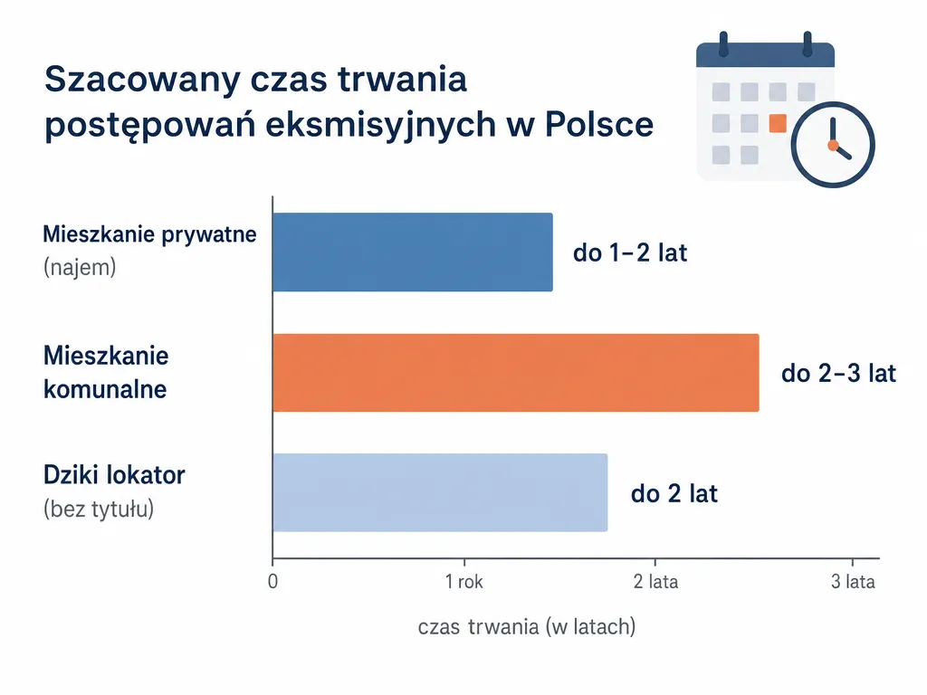 Wykres słupkowy porównujący szacowany czas trwania eksmisji według rodzaju mieszkania