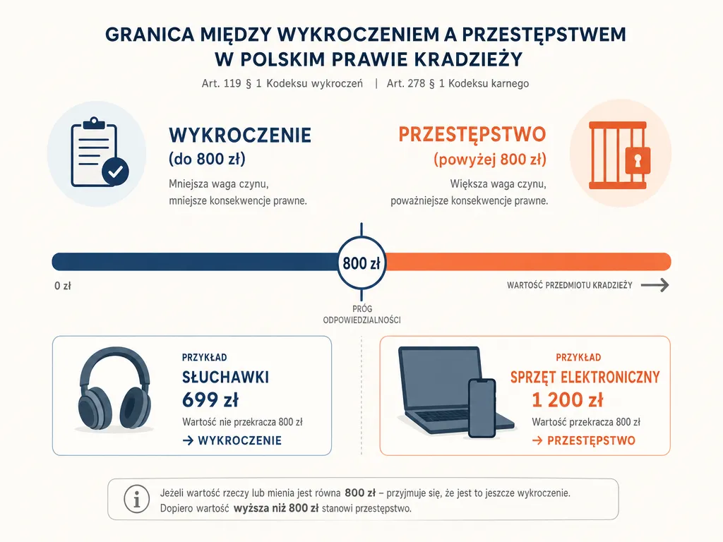 Infografika pokazująca próg 800 zł oddzielający wykroczenie od przestępstwa kradzieży