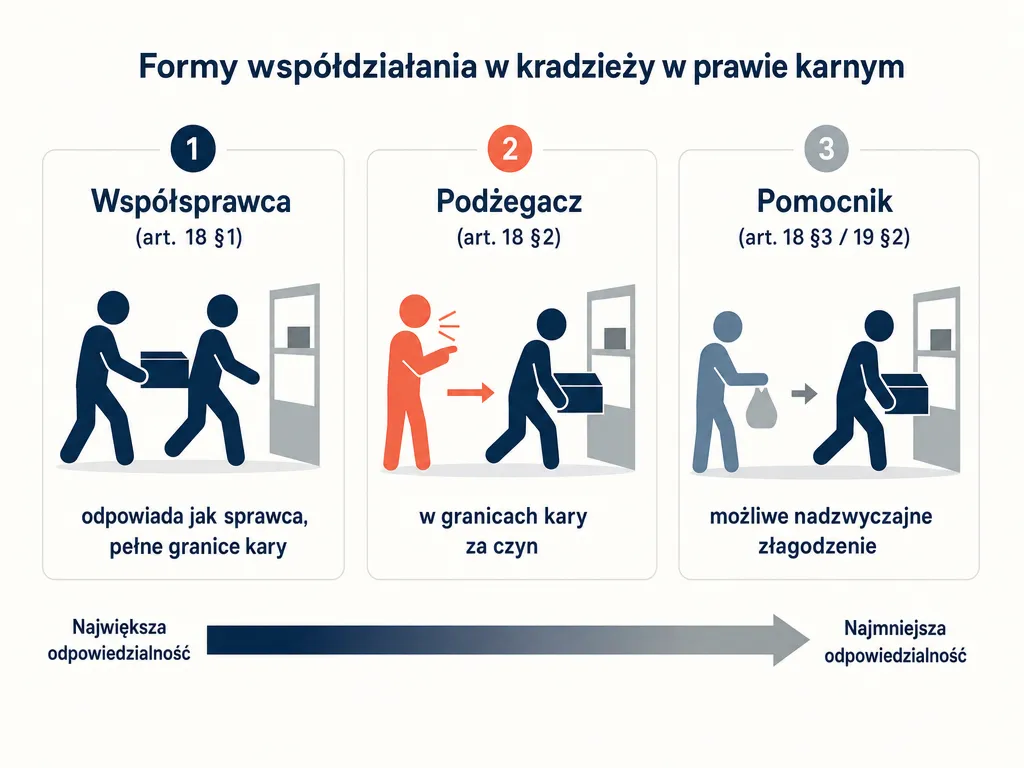 Diagram porównujący współsprawstwo, podżeganie i pomocnictwo oraz zakres odpowiedzialności