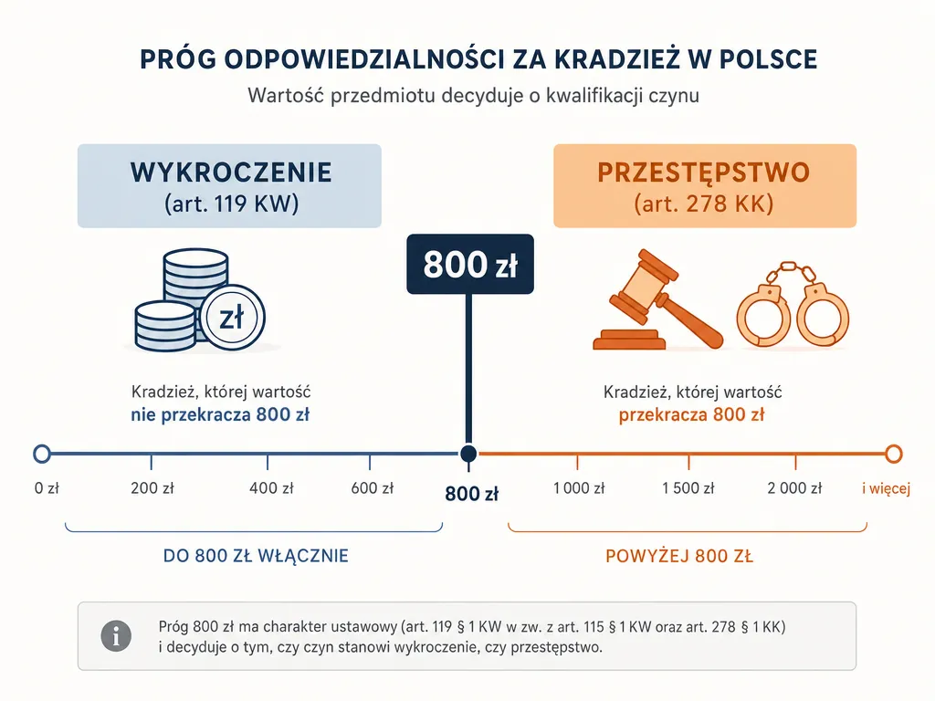 Infografika pokazująca próg 800 zł dzielący kradzież na wykroczenie z art. 119 KW i przestępstwo z art. 278 KK