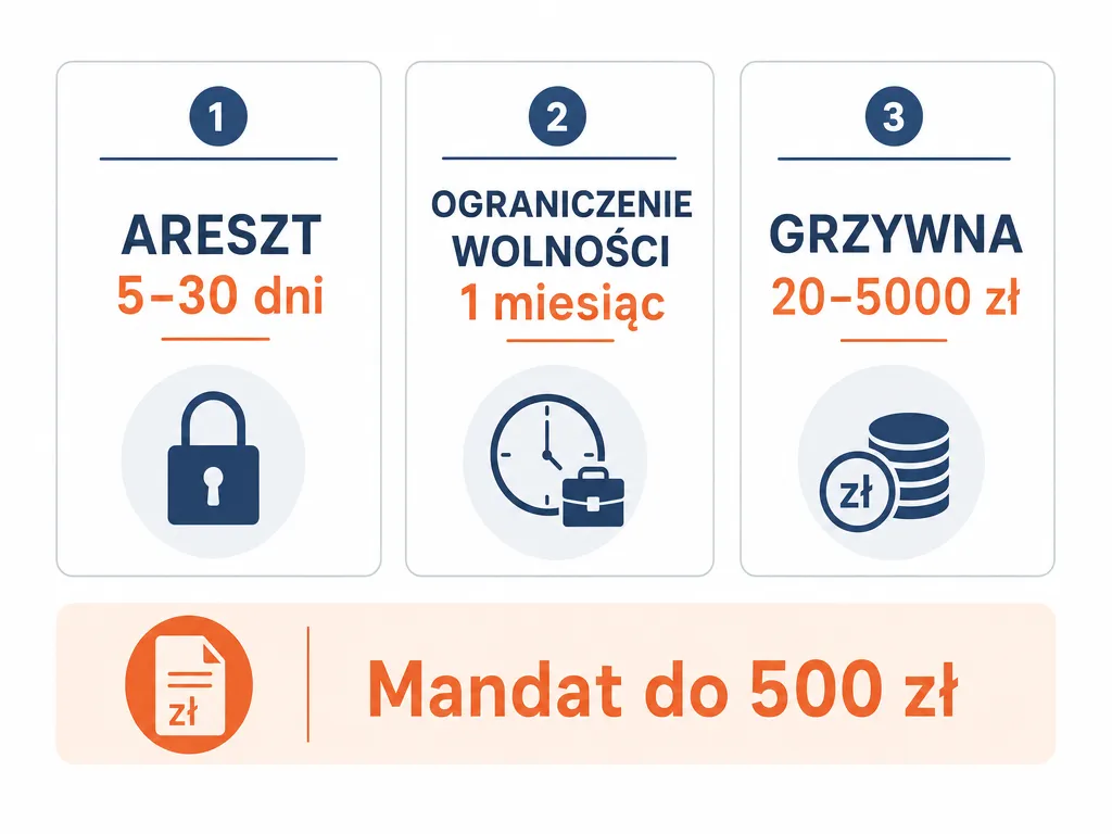 Infografika trzech kar za wykroczenie kradzieży: areszt, ograniczenie wolności i grzywna oraz mandat do 500 zł