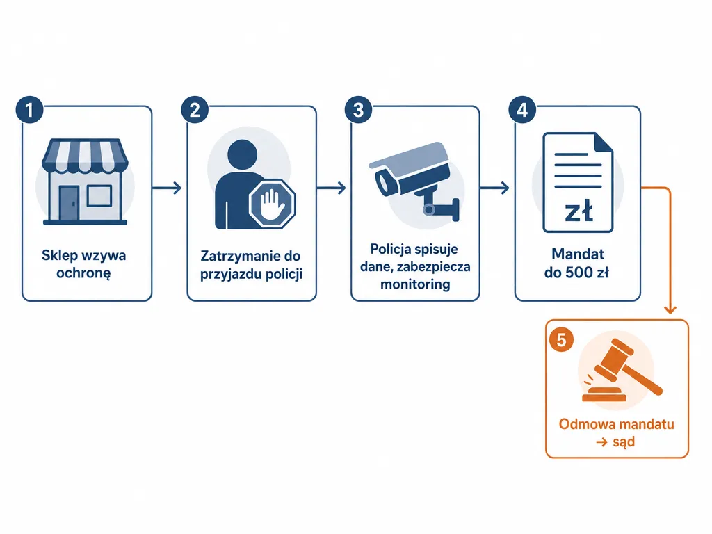 Diagram przebiegu sprawy o drobną kradzież sklepową: od wezwania ochrony przez monitoring po mandat lub sąd