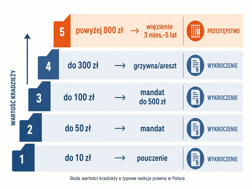 Infografika porównująca progi wartości kradzieży 10, 50, 100, 300 zł i powyżej 800 zł z typowymi reakcjami prawnymi