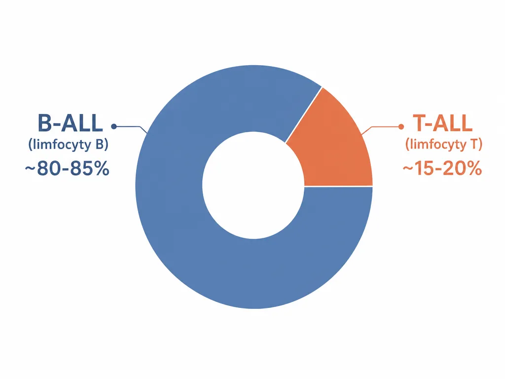 Infografika porównująca dwa typy ostrej białaczki limfoblastycznej: B-ALL około 80-85% i T-ALL około 15-20% przypadków