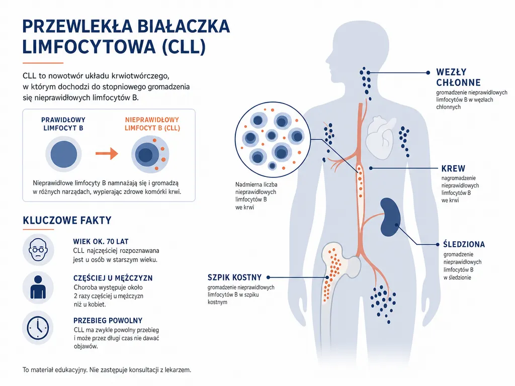Diagram wyjasniajacy istote przewleklej bialaczki limfatycznej i miejsca gromadzenia limfocytow B