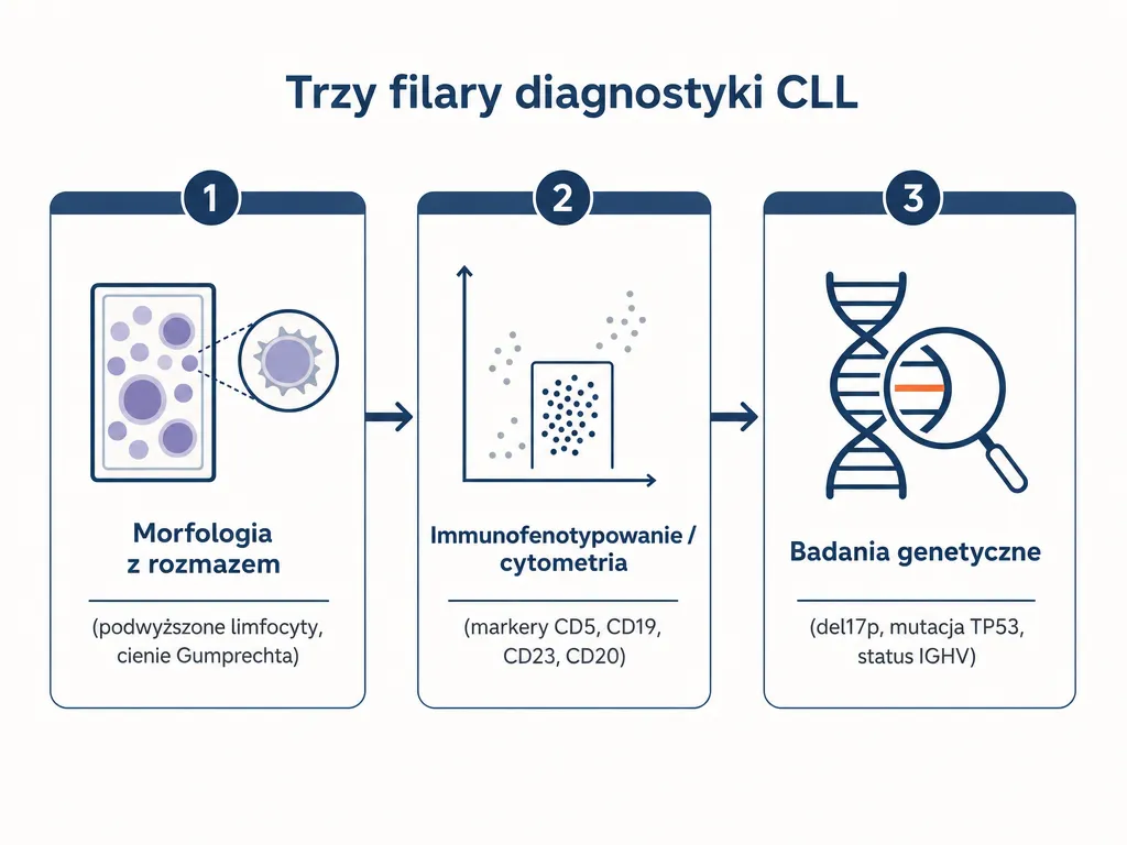 Flowchart trzech etapow diagnostyki CLL: morfologia, immunofenotypowanie i badania genetyczne