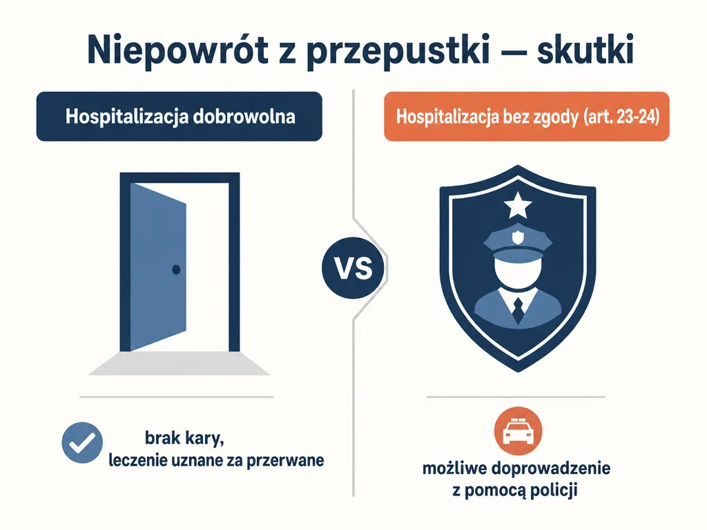 Infografika porównująca skutki niepowrotu z przepustki przy hospitalizacji dobrowolnej i bez zgody pacjenta