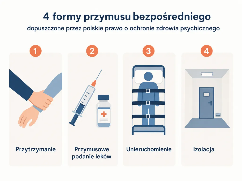 Infografika czterech form przymusu bezpośredniego: przytrzymanie, podanie leków, unieruchomienie, izolacja