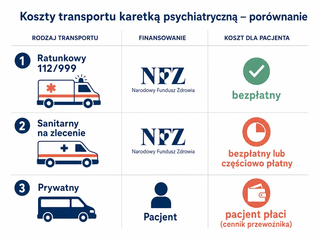 Infografika porównująca koszty transportu karetką: ratunkowy, sanitarny i prywatny wraz z informacją kto płaci