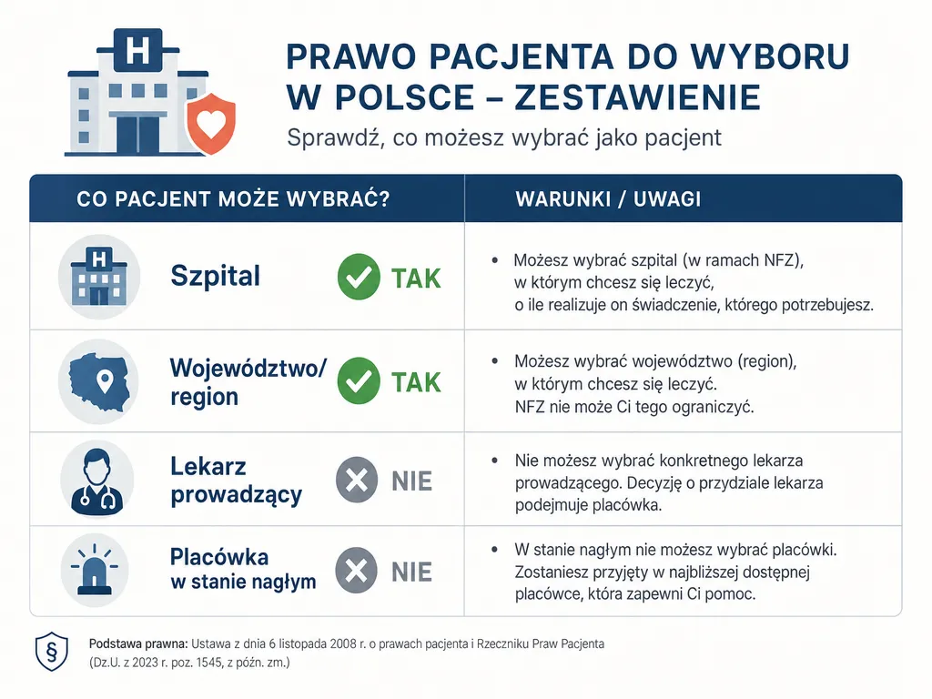 Infografika porównująca elementy wyboru szpitala, o których decyduje pacjent, a które zależą od placówki