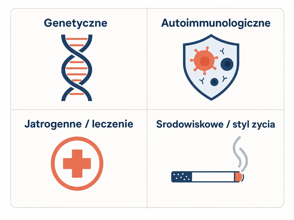 Diagram czterech grup przyczyn wczesnej menopauzy: genetyczne, autoimmunologiczne, jatrogenne i środowiskowe