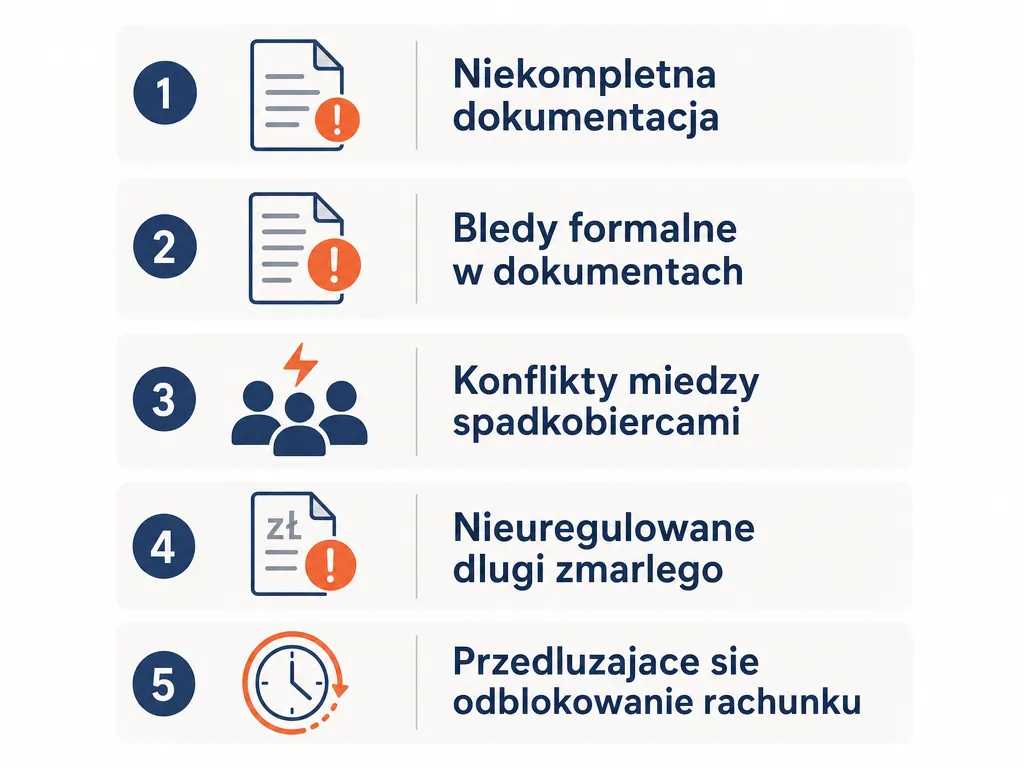 Infografika przedstawiajaca piec najczestszych przyczyn opoznienia wyplaty spadku z banku