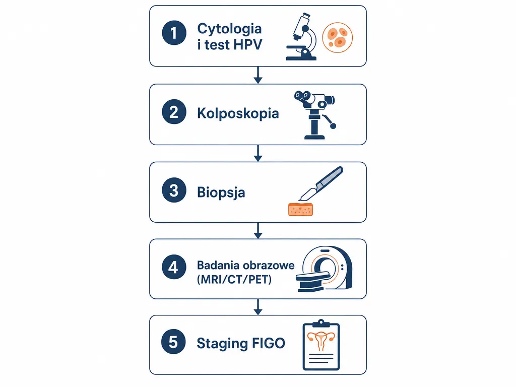 Diagram przepływu pięciu etapów diagnostyki raka szyjki macicy od cytologii do stagingu FIGO