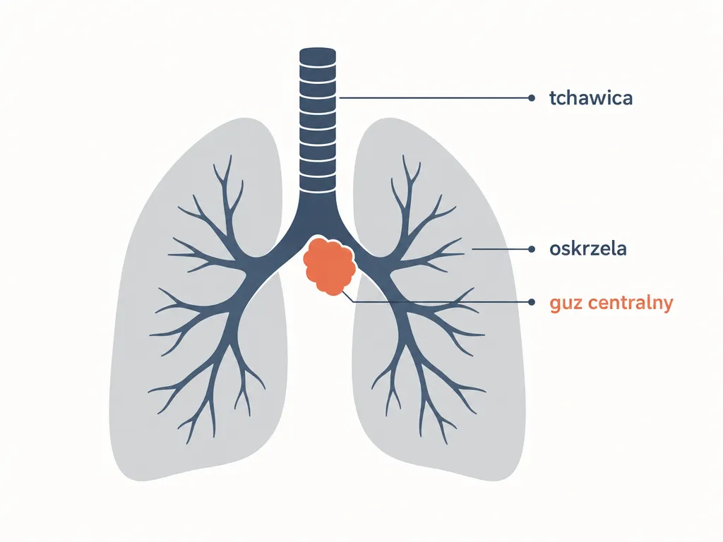 Diagram płuc pokazujący centralną lokalizację guza raka płaskonabłonkowego w pobliżu dużych oskrzeli