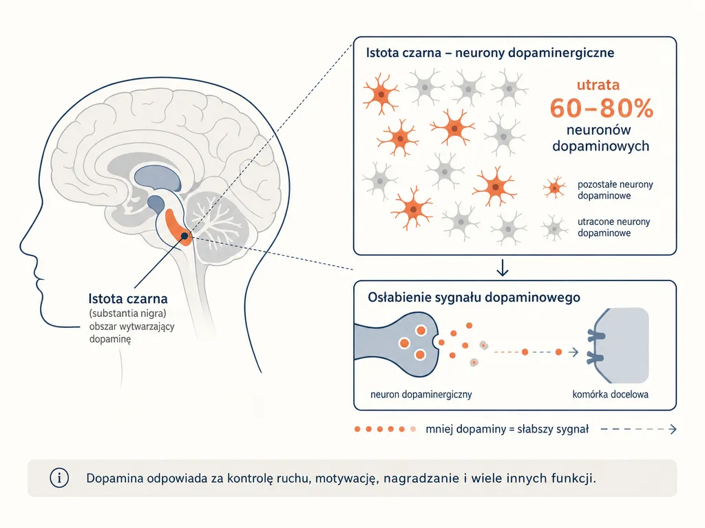 Diagram mózgu pokazujący zanik neuronów dopaminowych w istocie czarnej przy chorobie Parkinsona