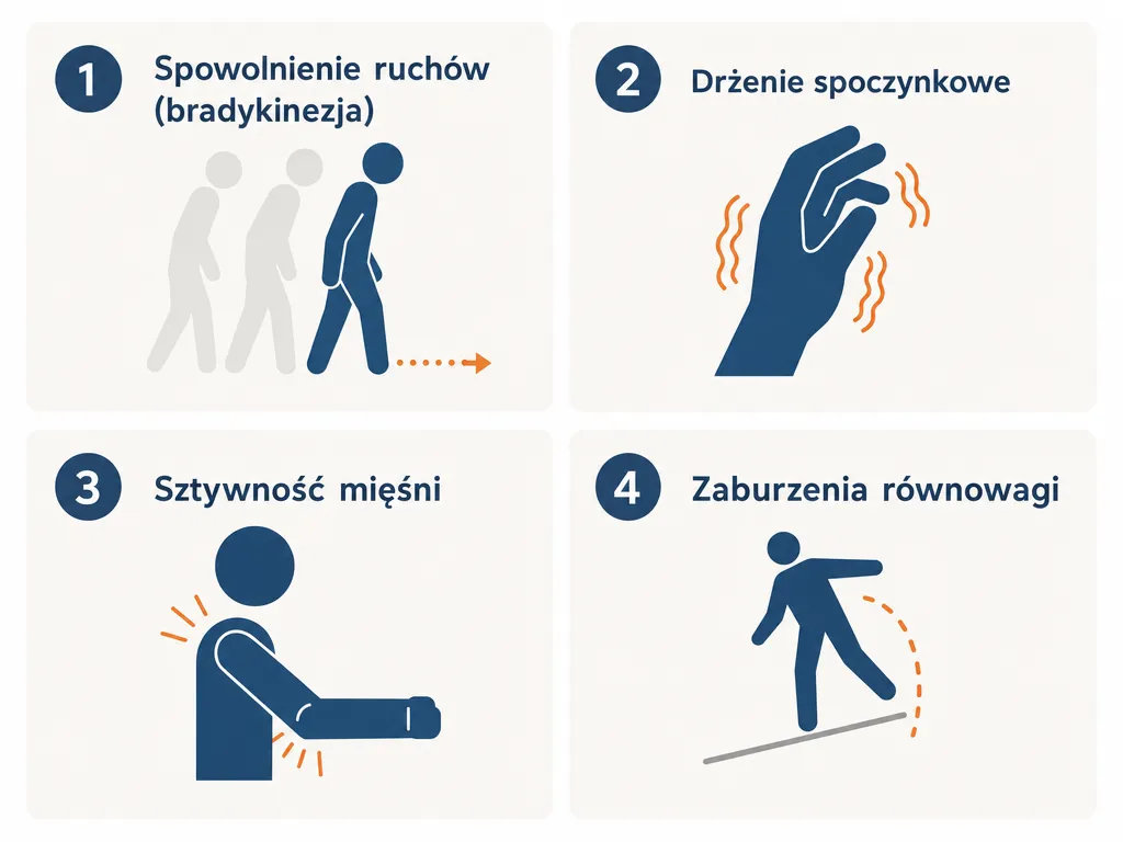Infografika czterech głównych objawów ruchowych choroby Parkinsona